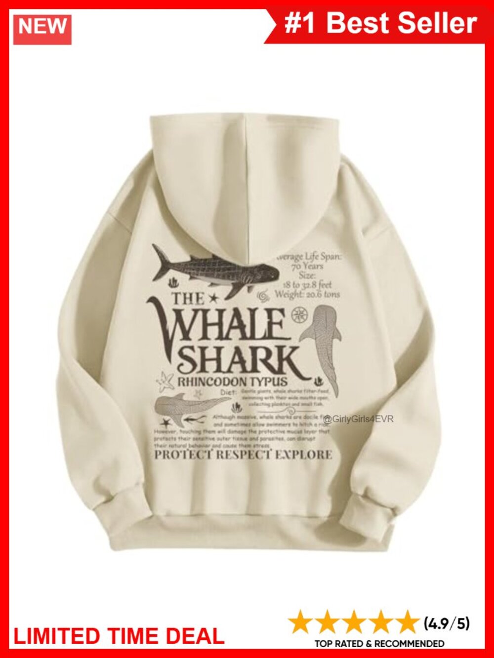 Cotton Blend Whale Shark Graphic Fleece Hoodie Pullover Casual